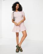 River Island Textured Puff Sleeve Mini Skater Dress In Pink