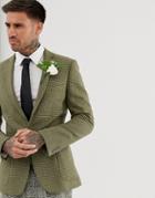 Asos Design Wedding Super Skinny Blazer With Wool Mix Micro Check In Green - Green