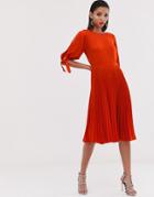 Closet London Pleated Midi Dress With Tie Detail Sleeve In Orange