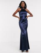 Lipsy X Abbey Clancy High Neck Slinky Maxi Dress With Knot Front In Midnight Navy