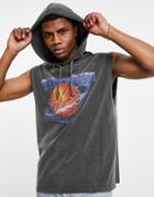 Asos Design Oversized Hooded Tank Top In Washed Black With Basketball Varsity Front Print