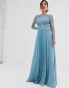 Asos Design Long Sleeve Lace Paneled Pleat Maxi Dress