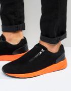Asos Zip Sneakers In Black Faux Suede With Orange Sole - Black