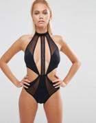 Asos Choker Mesh Strappy Cut Out Swimsuit - Black