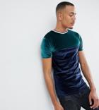 Asos Design Tall Muscle T-shirt In Velour With Contrast Yoke And Tipping - Green