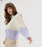 Monki Color Block Knitted Sweater In White And Lilac-multi