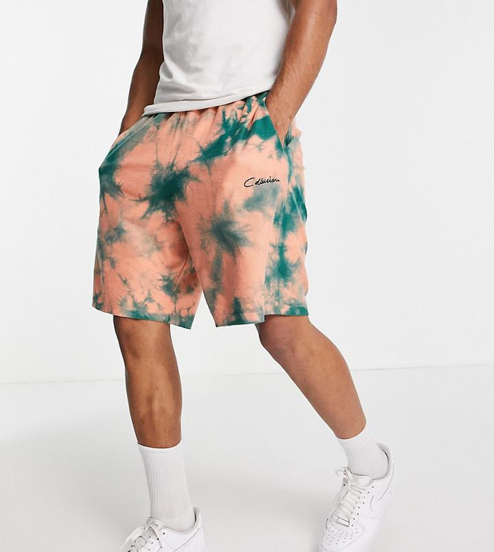 Collusion Oversized Coral Tie-dye Shorts Set-orange