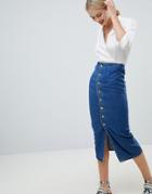 Asos Design Denim Midi Skirt With Buttons In Midwash Blue - Blue