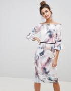 Little Mistress Watercolor Print Pencil Dress With Fluted Sleeves. - Multi