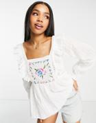 Asos Design Square Neck Top With Tie Back And Embroidered Bodice In White