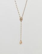 Asos Design Lariat Necklace With Cherub Design And Faux Pearls - Gold