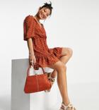 Asos Design Petite Wrap Front Mini Tea Dress With Puff Sleeves In Rust Spot-multi