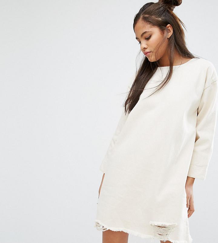 Waven Tall 3/4 Sleeve Denim Dress With Extreme Distressed Hem - Beige