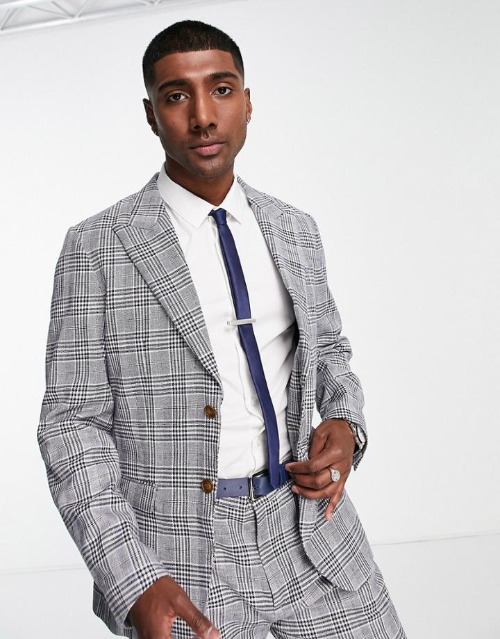 Selected Homme Slim Fit Suit Jacket Blue Check Linen Mix
