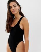 Asos Design Crinkle Scoop Neck High Leg Swimsuit In Black - Black