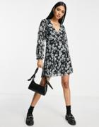 Asos Design Pleated Mini Wrap Dress In Monochrome Floral-multi