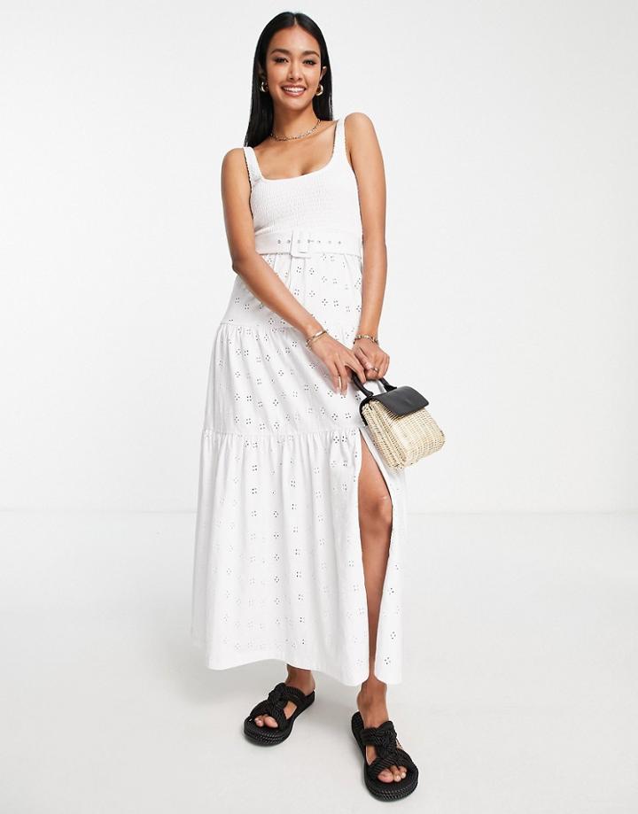 Asos Design Broderie Shirred Detail Maxi Dress With Belt In White