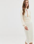 Asos Design Slinky Keyhole Ruched Waist Midi Dress-cream