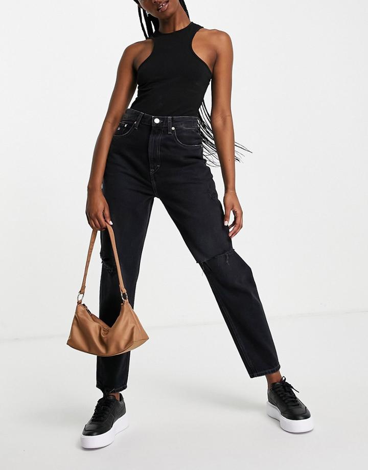 Tommy Jeans Recycled Cotton High Rise Ripped Mom Jeans In Black