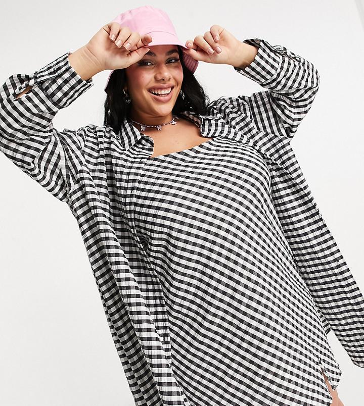 Asos Design Curve Oversized Seersucker Shirt In Black Gingham-multi