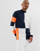 Asos Design Relaxed Long Sleeve T-shirt With Turtleneck And Woven Patchwork Color Block-navy