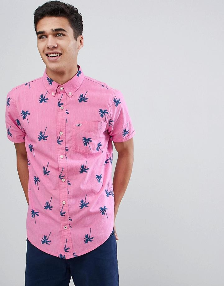 Hollister Short Sleeve Palm Tree Print Shirt Slim Fit In Pink - Pink