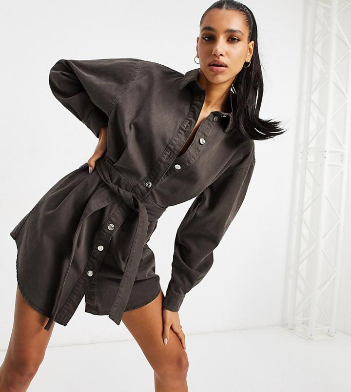 Asos Design Tall Denim Oversized Belted Shirt Dress In Chocolate-brown
