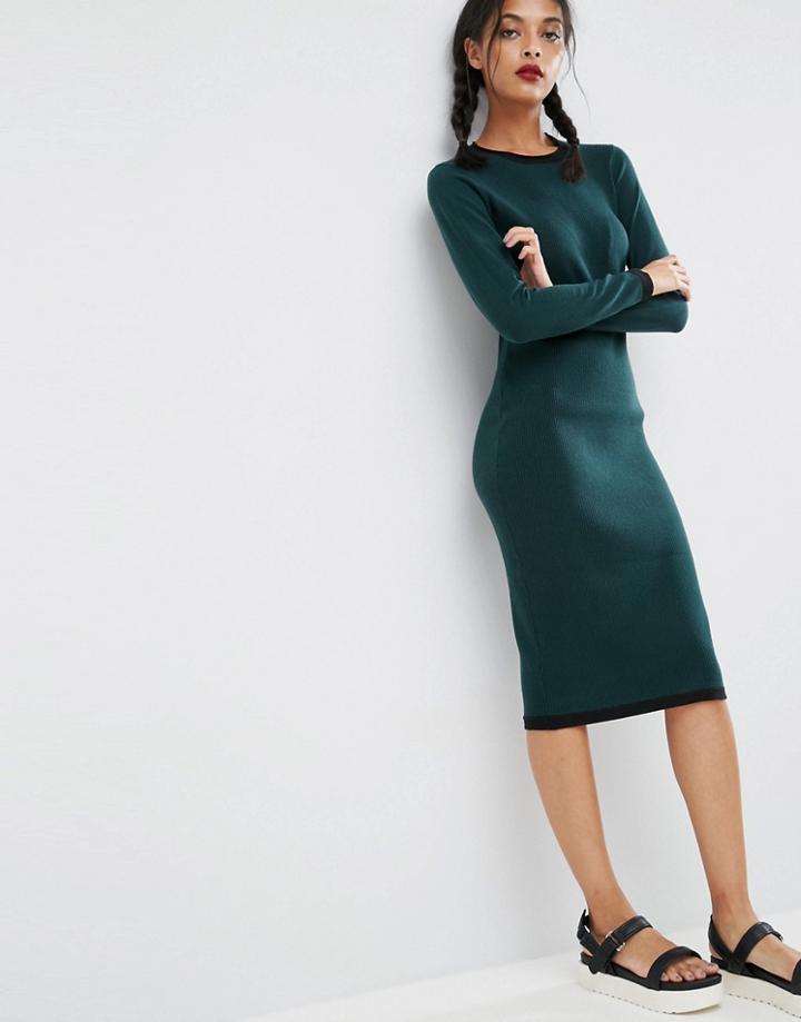 Asos Ribbed Midi Dress With Tipping Detail - Green