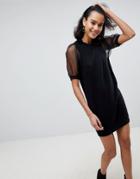 Asos Knitted Dress With Organza Puff Sleeve - Black