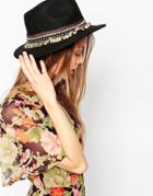 Asos Felt Panama Hat With Geo-tribal Trim And Chain - Black