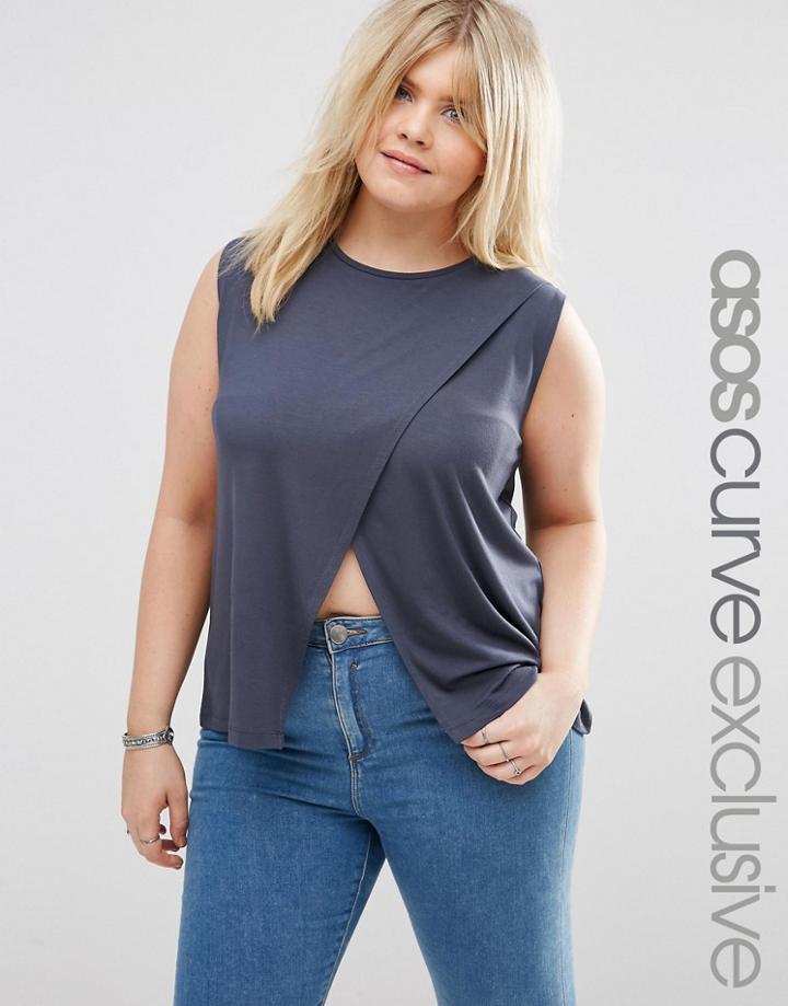 Asos Curve Sleeveless Top With Wrap Front - Charcoal