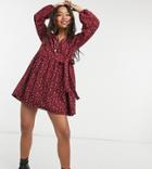 Asos Design Petite Smock Oversized Mini Wrap Dress In Berry Ditsy Floral-purple