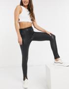 New Look Leather Look Leggings With Front Slit In Black