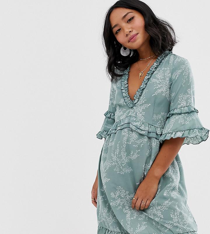 Parisian Petite Ruffle Detail Smock Dress In Mini Fern Print-green