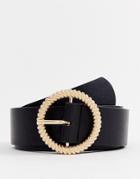 Asos Design Faux Leather Wide Belt In Black With Gold Circle Buckle - Black
