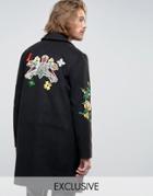 Reclaimed Vintage Overcoat With Floral Patches And Back Patch - Black