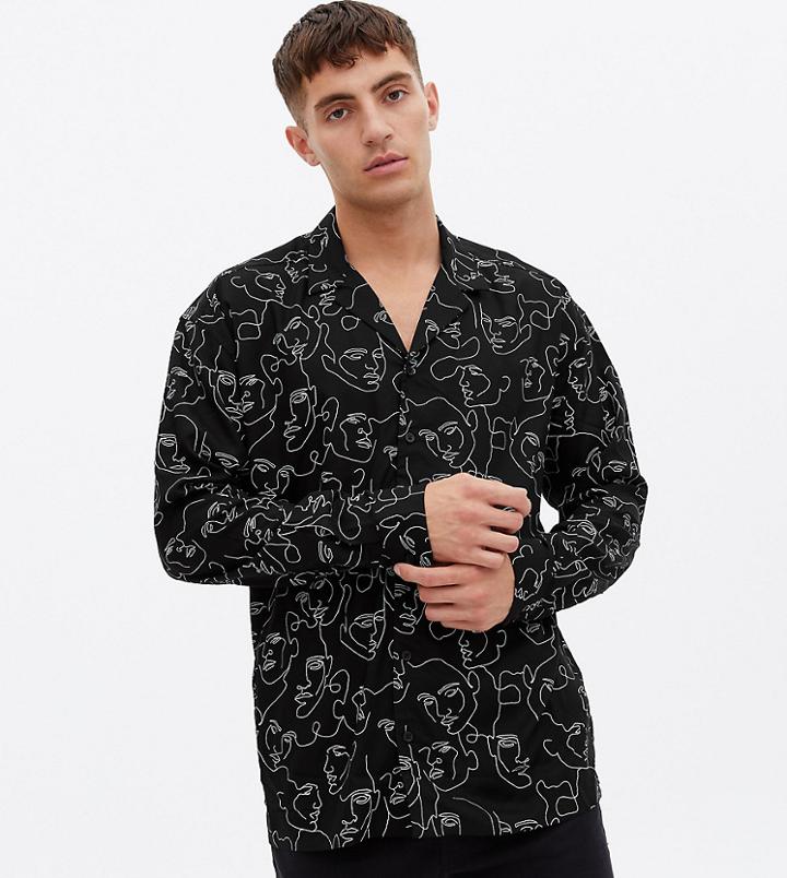 New Look Long Sleeve Oversized Shirt With Face Sketch Print In Black