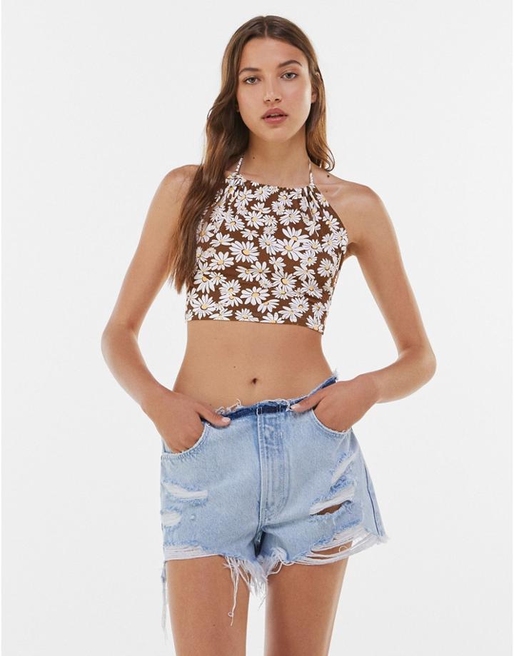 Bershka Halterneck Daisy Crop Top In Brown