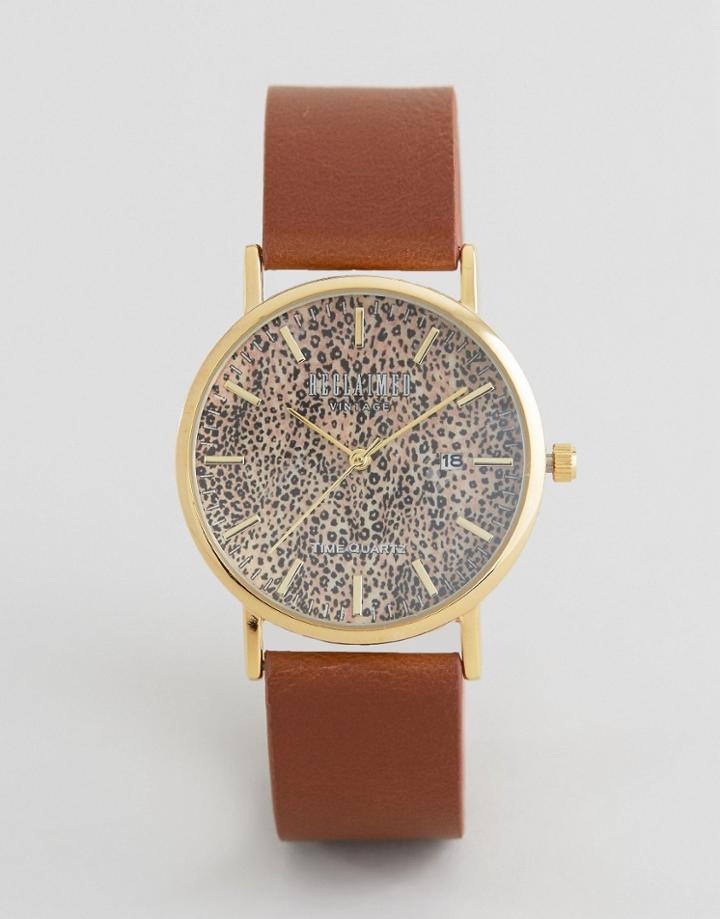 Reclaimed Vintage Leopard Leather Watch In Brown - Brown