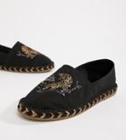 Asos Design Wide Fit Black Espadrilles In Black With Tiger Embroidery - Stone