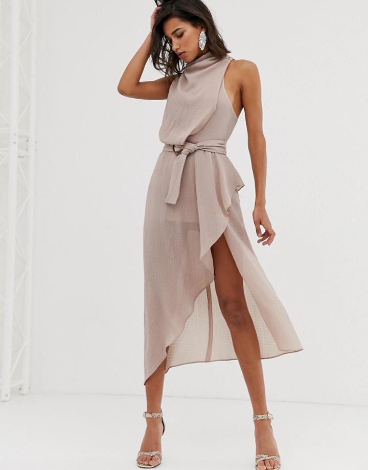 Asos Design Drape Neck Midi Dress In Textured Fabric With Self Belt-beige