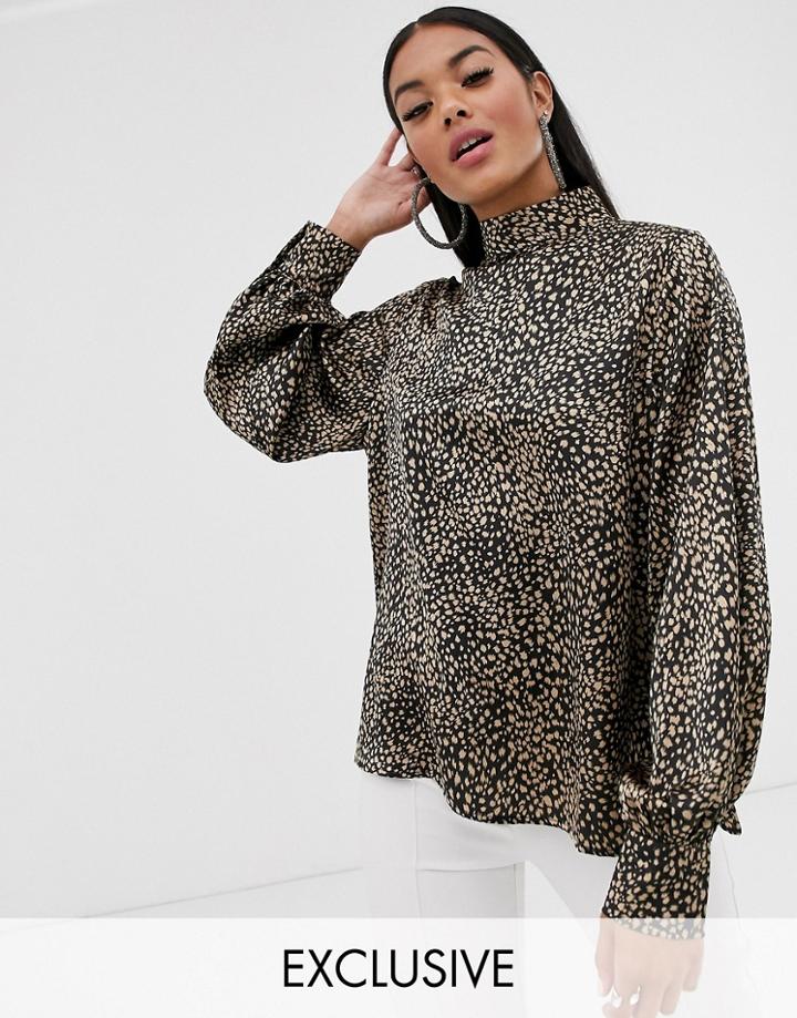 Pretty Lavish High Neck Top With Balloon Sleeves In Leopard Print-black