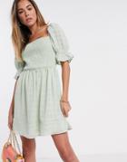 Missguided Shirred Textured Skater Dress In Mint-green