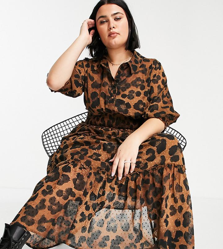 Asos Design Curve Collared Tiered Midi Dress With Shirred Waist In Brown Animal Print-multi