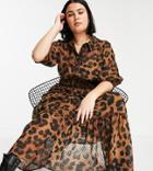 Asos Design Curve Collared Tiered Midi Dress With Shirred Waist In Brown Animal Print-multi