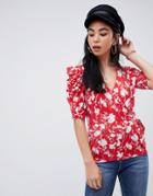 Asos Design Top With Puff Sleeve And Wrap Detail In Red Base Floral - Multi