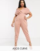 Asos Design Curve Fallen Shoulder Scuba Jumpsuit-beige