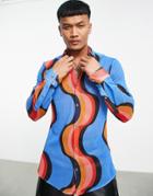 Asos Design Skinny Longline Mesh Shirt In Blue Swirl Print-multi