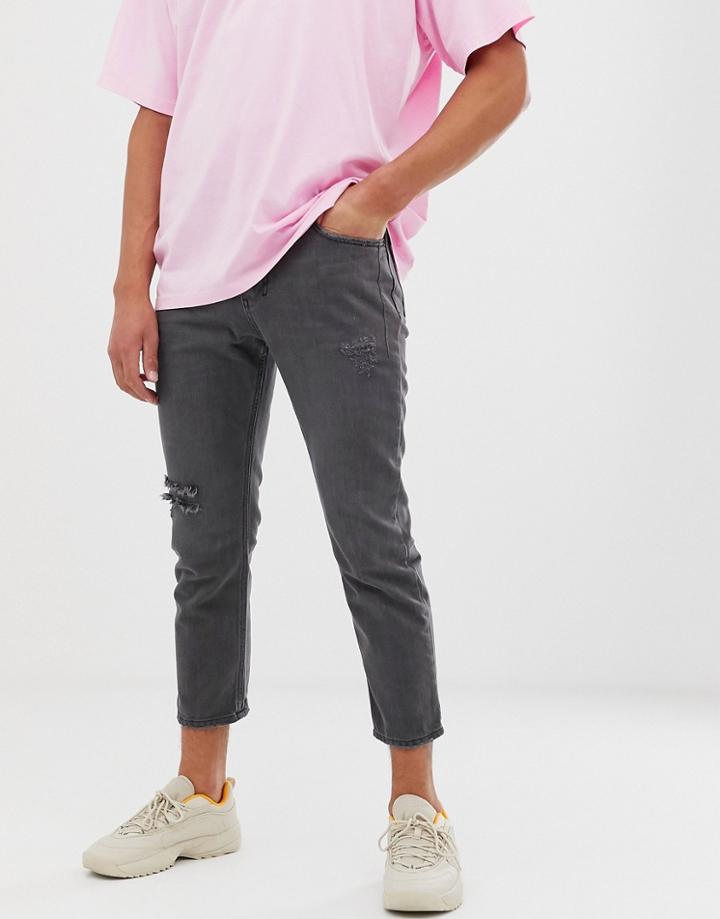 Religion Cropped Straight Fit Jeans With Rips In Black Wash - Black