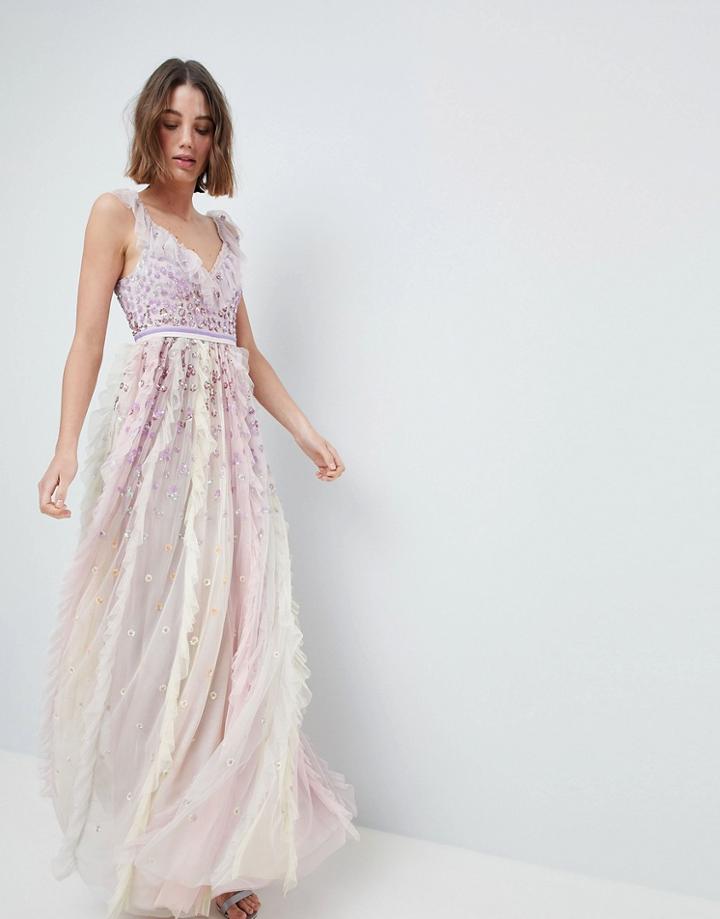 Needle & Thread Maxi Dress With Embellishment And Frill Neck Detail - Multi